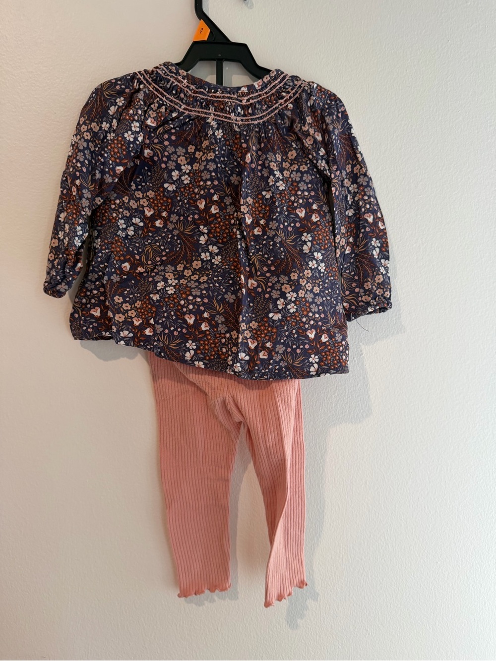Tahari Navy Floral Smocked Top with Pink Ribbed Leggings